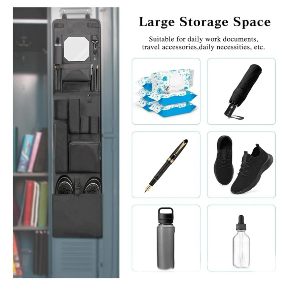 Multi-Pocket Hanging Organizer with Mirror Designed for Locker Doors Walls and Compact Living or Working Environments