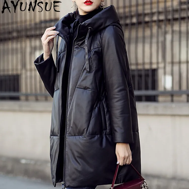 AYUNSUE シープスキン本革ダウンジャケット女性の冬服ミッドレングスダウンコートパーカー 2025 新コート Jaqueta Couro