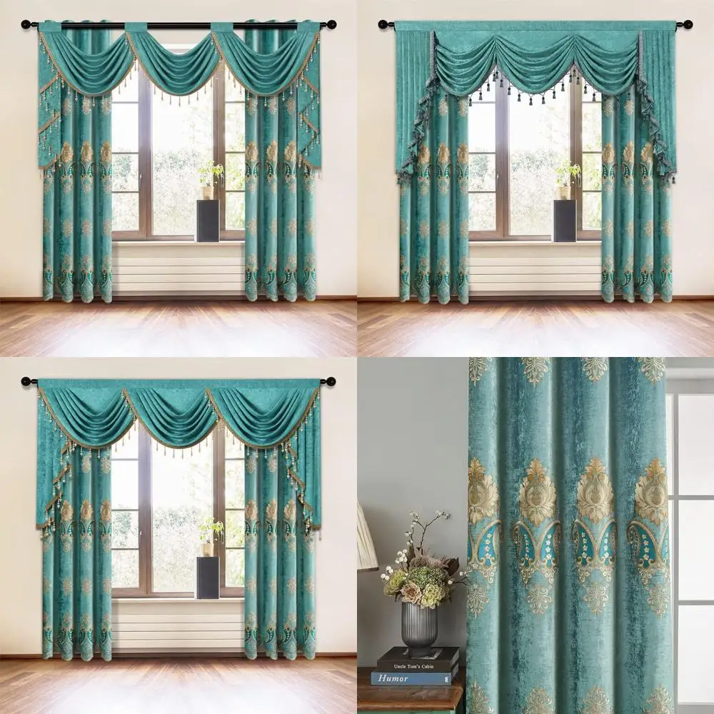 

European-Style Turquoise Chenille Curtains with Embroidery, Grommet Top, 52x96, Set of 2 for Living Room & Bedroom