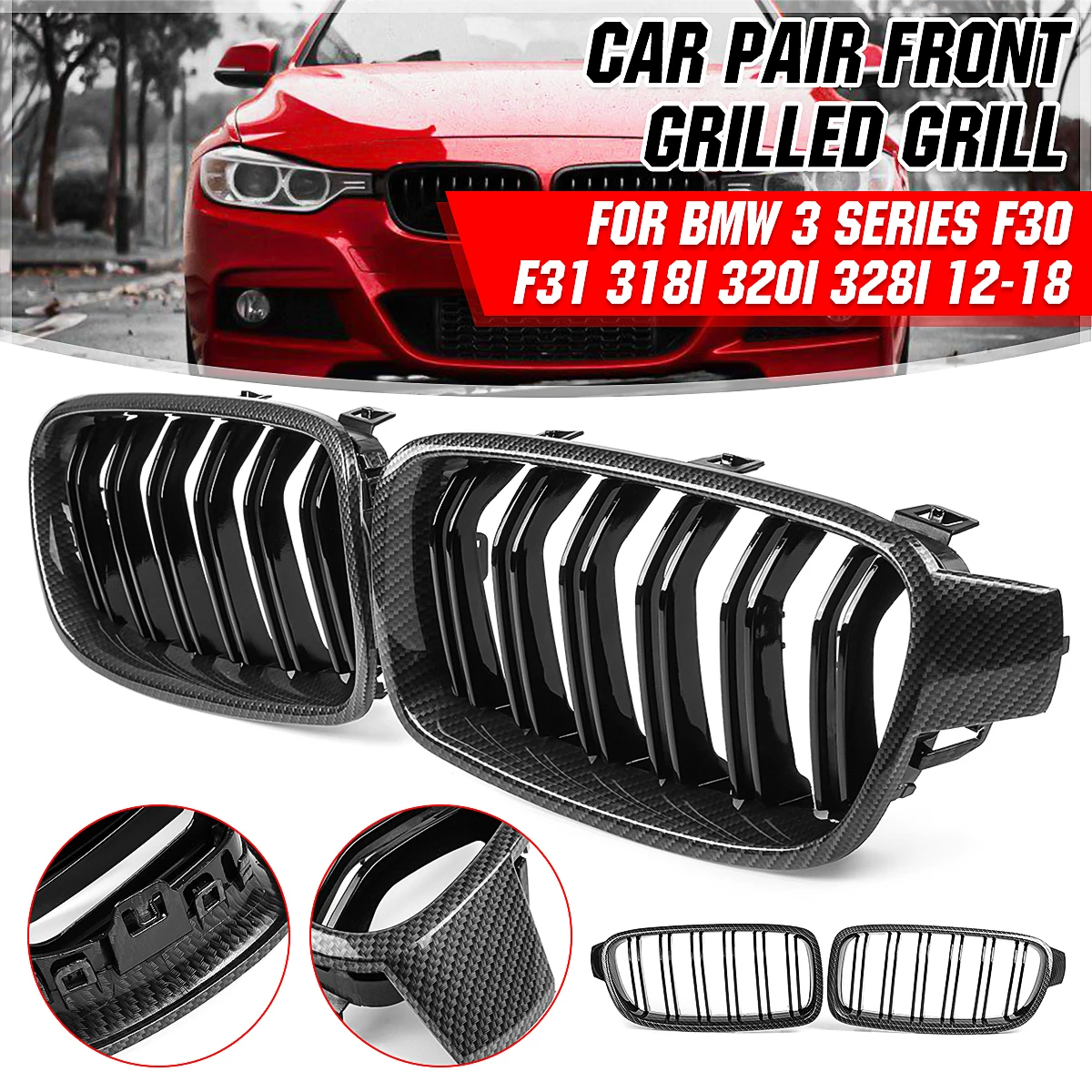 

Pair Car Front Grille Grill Carbon Black For BMW 3 Series F30 F31 318i 320i 328i 2012 2013 2014 2015 2016 2017 2018 Racing Grill