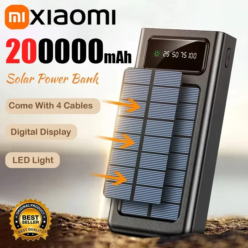 بنك الطاقة الشمسية Xiaomi 200000 بطارية شحن سريع بقوة كبيرة بقدرة mAh مع كابلات USB مزدوجة 4 لهواتف iPhone وSamsung