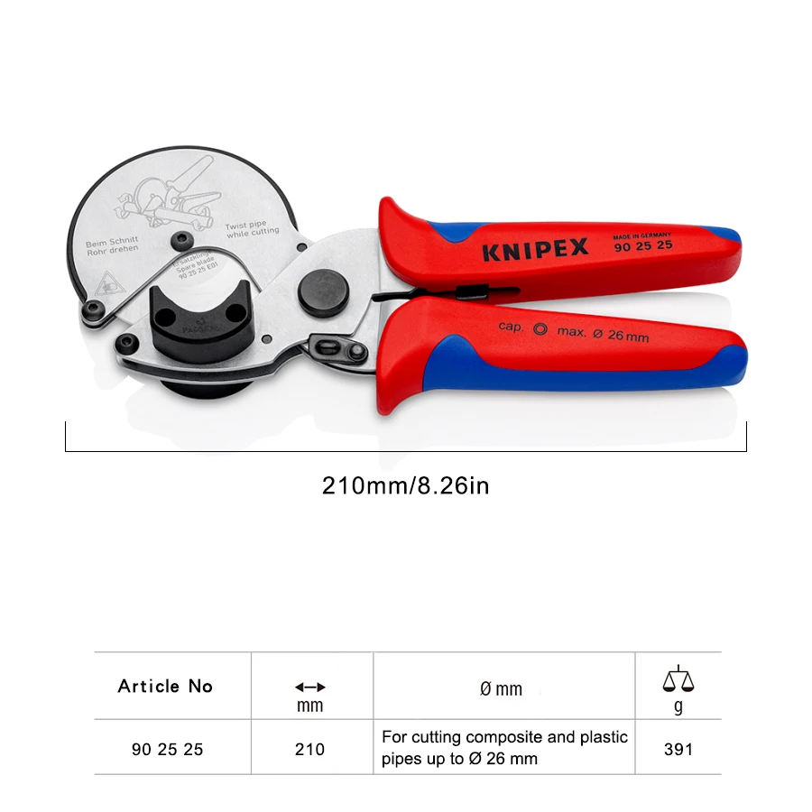 Tagliatubi KNIPEX per il taglio di tubi compositi e in plastica fino a tagliatubi da 26 mm consente tagli perfetti ad angolo retto 902525