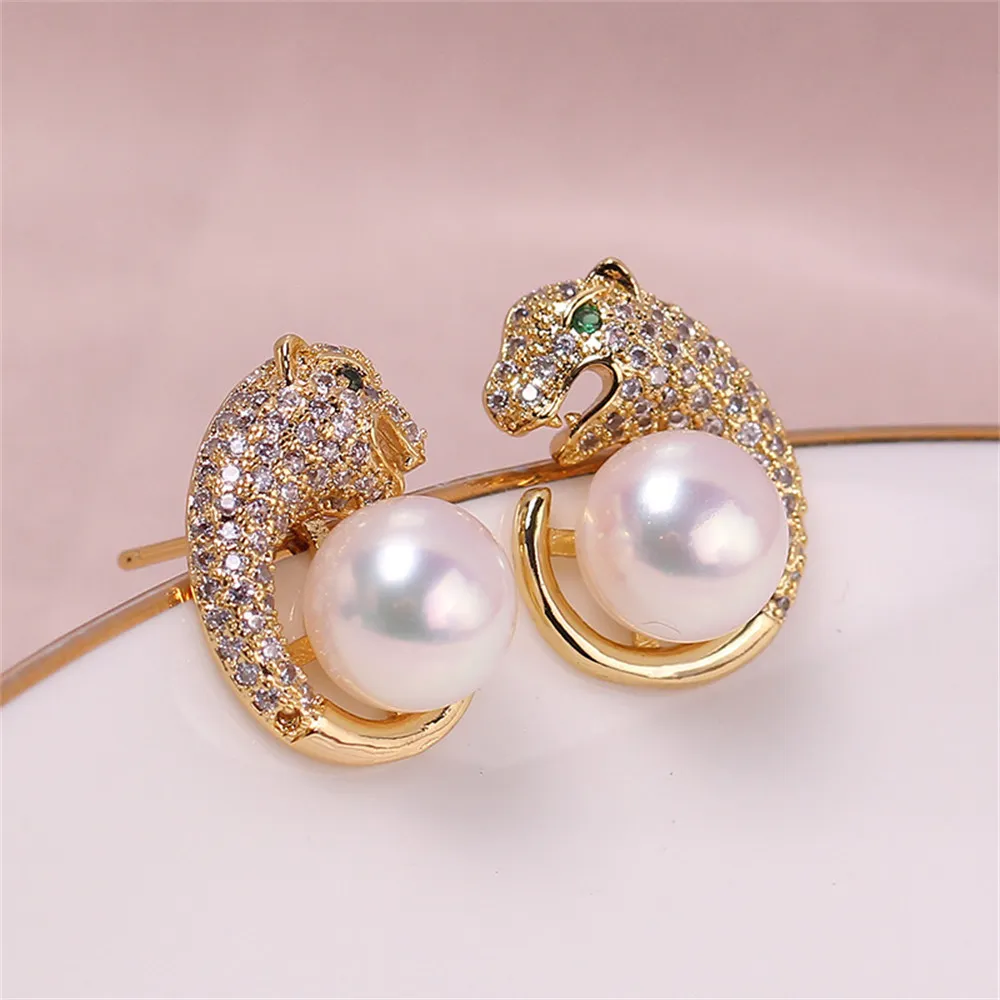 Copper Plated 18k Gold Leopard Head Zircon Pearl Earrings S925 Silver Needle DIY Jewelry Accessories Empty Temperament