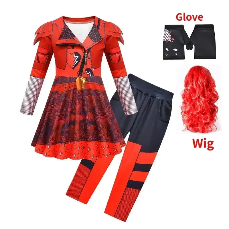 

Kids Cosplay Costume Movie Descendants 4 Red The Rise of Red Chloe Dress Pants Girls Halloween Birthday Party Clothes Suit Wig