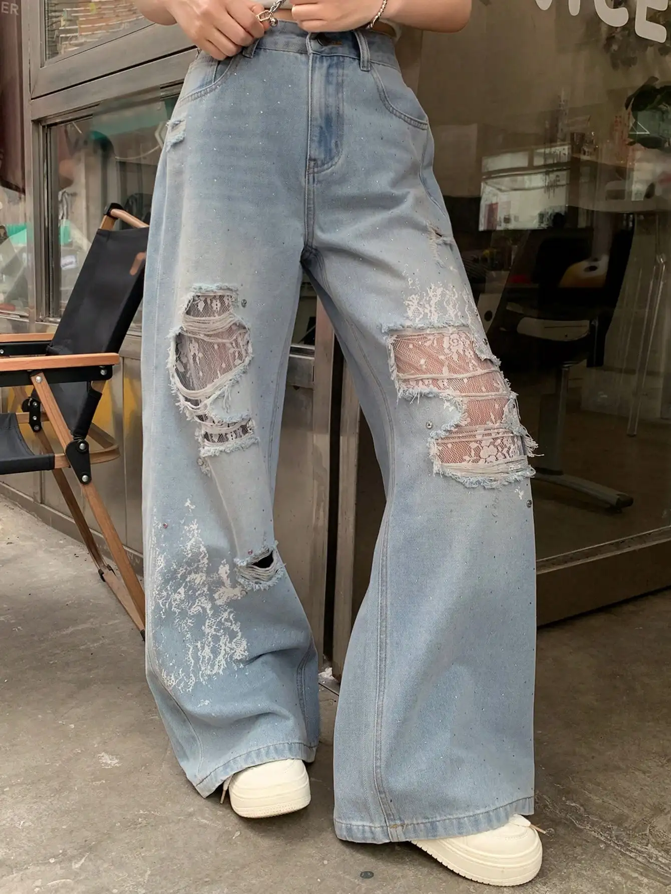 

Женские джинсы с эффектом потертости, кружевными вставками и широкими штанинами, повседневные джинсовые брюки в стиле стритвир