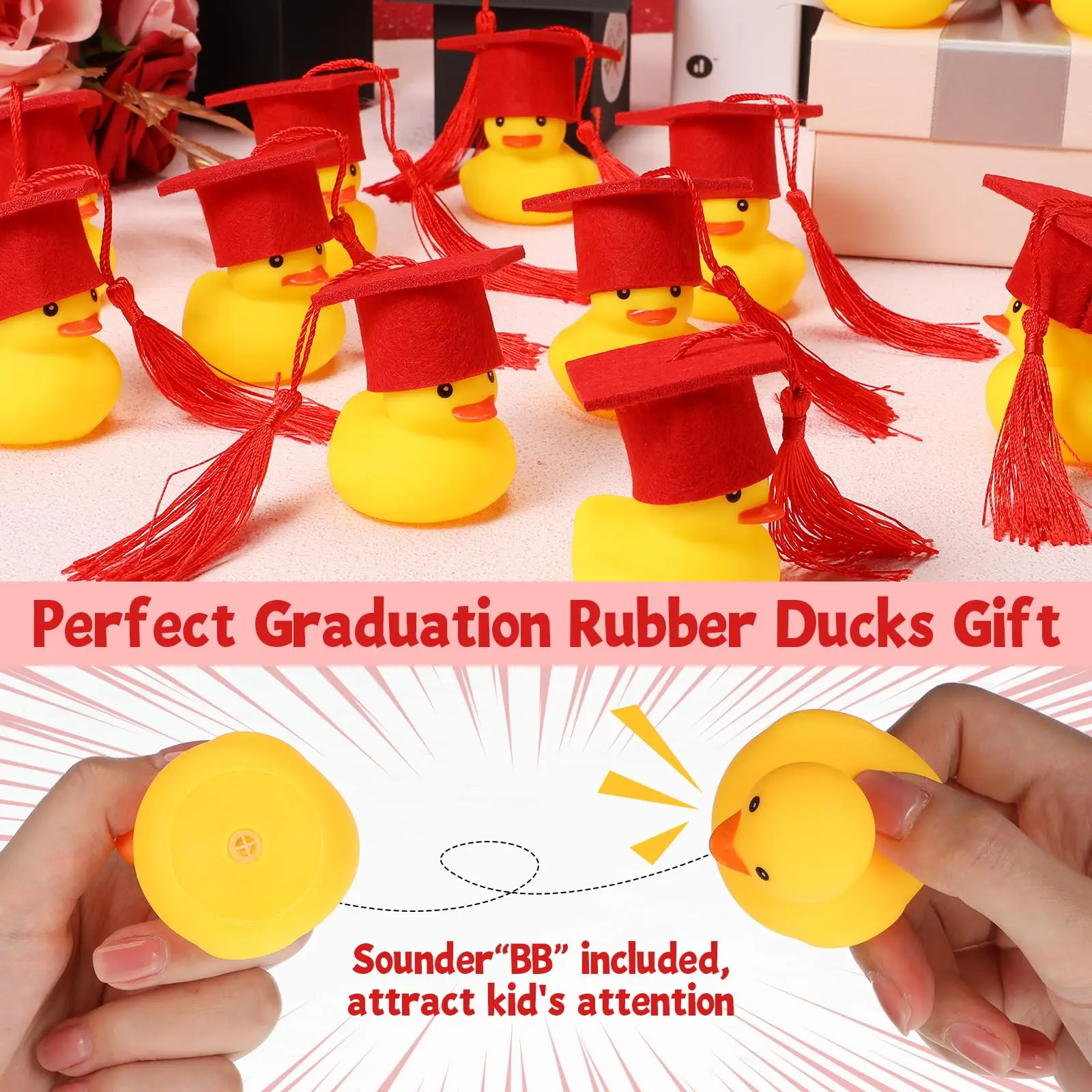 48Pcs Graduation Duck Mini Grad Rubber Ducks with Grad Tassel Cap and Certificate Red and Blue Grad Duck Bulk for Pool FloatPart