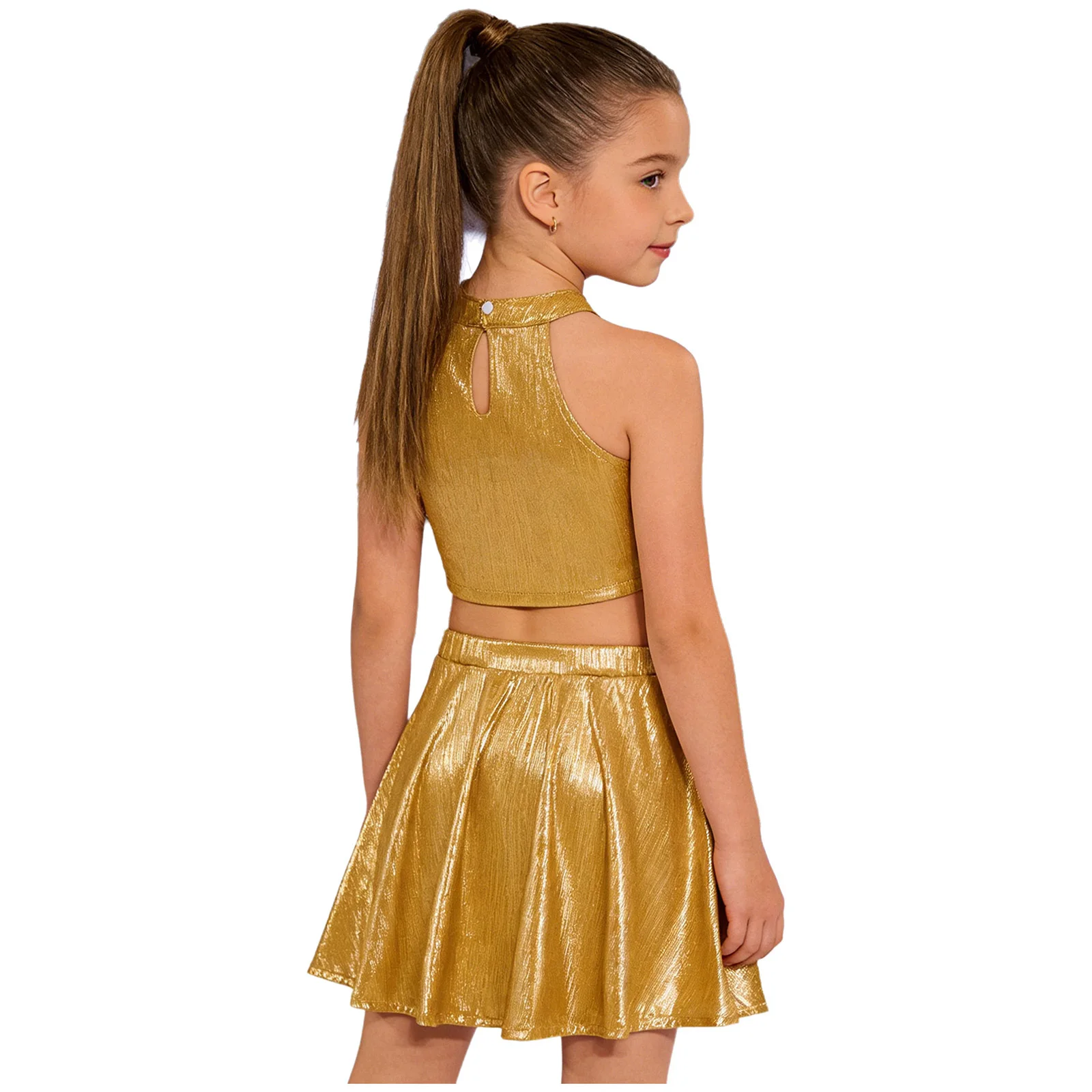 Kids Girls Jazz Hip Hop Dance Outfit Cheerleading Gymnastics Performance Costume Metallic Sleeveless Crop Top Vest with Shorts
