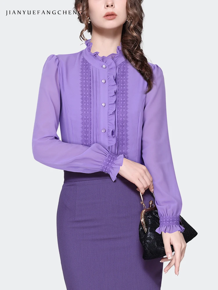 2024 Spring New Women Purple Ruffles Blouse Long Sleeve Lace Top Elegant Slim Office Ladies Work Casual Shirts