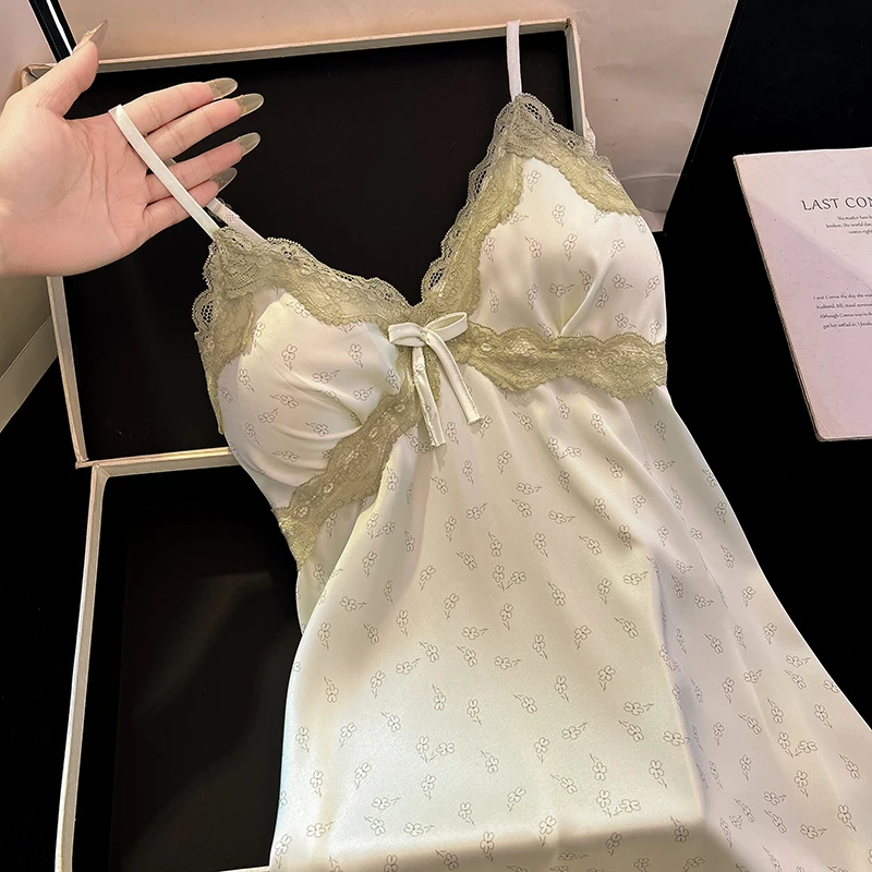 DAIMELU ice silk nightdress women's summer sexy sleepwear skirt pajamas light green lace print loungewear lady nightgown girl