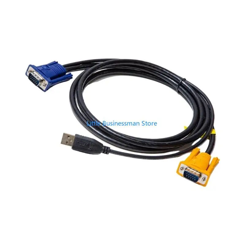 USB VGA KVM Cable with USB-A and Two 15 Pin VGA Ends, 1.8 m Bundled Wire for KVM Device Use with Video and Data Cable Routing
