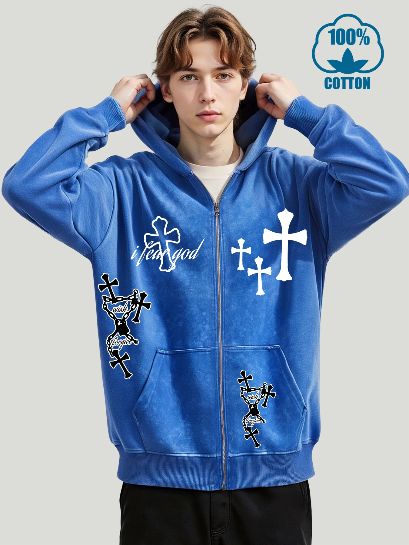 

I Fear God Art Logo Pattern Washed Zipper Hoodie Mens Soft Loose Jacets Fashion Cotton Streetwear Unisex Comfortable Clothing