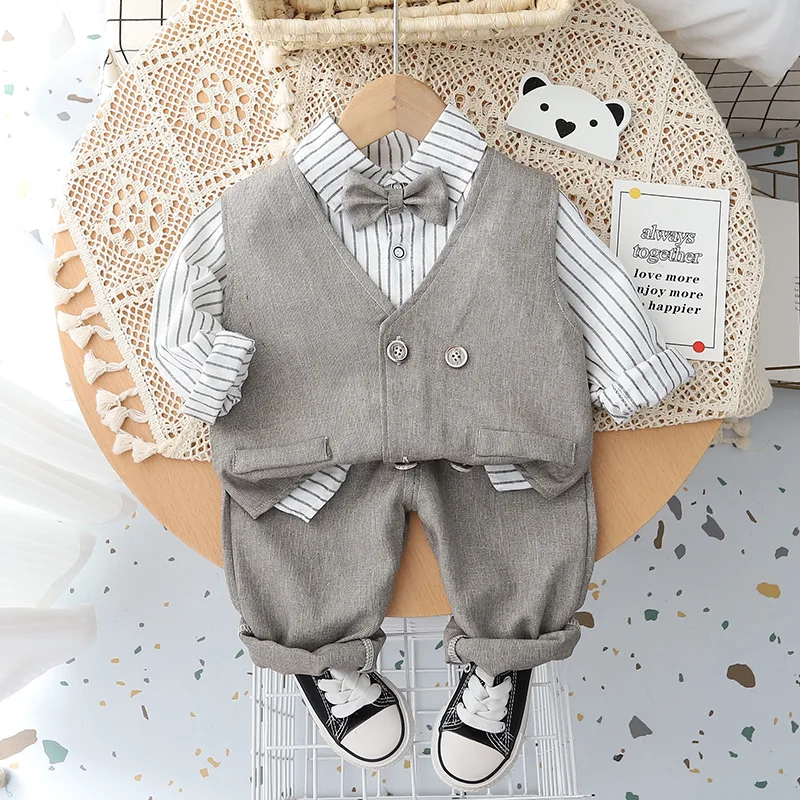 Spring Autumn Boys\' Casual Clothing Children\'s Suits Striped Shirt + Vest + Pants 3-Piece Set Baby Boy Clothes