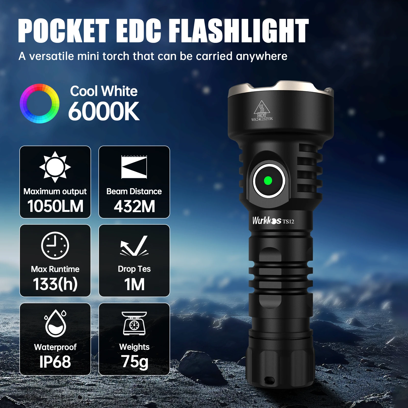 Wurkkos TS12 Mini Flashlight 14500 Rechargeable LED Flashlight 1050 Lumens SFT25R IP68 Waterproof Magnetic Tail Switch