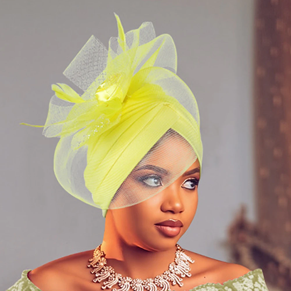 African Auto Gele Headtie Muslim Women Mesh Feather Hat Turban Cap Wedding Party Headscarf Bonnet Hijab Nigeria Geles Head Wrap