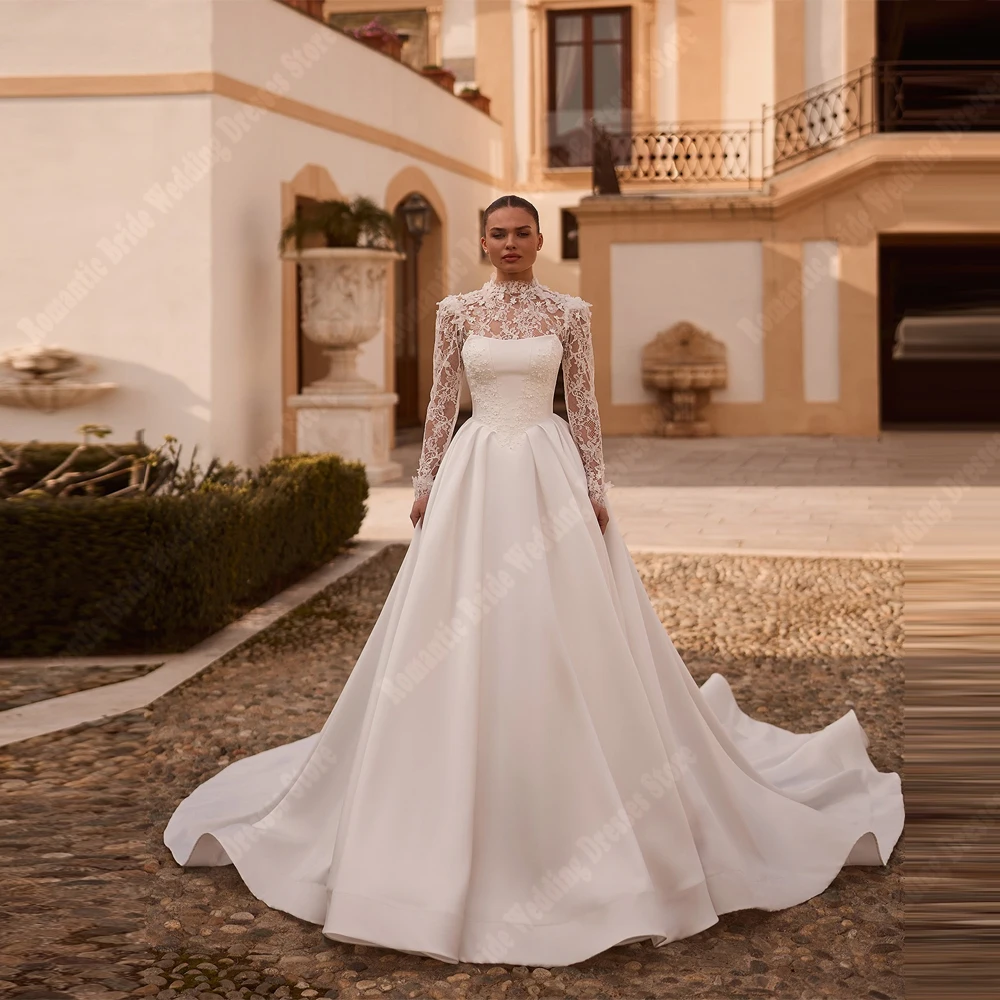 

2025 High Collar A-Line Women Wedding Dresses Vintage Lace Sleeves Bridal Gowns Engagement Banquet Vestidos De Novias Customized