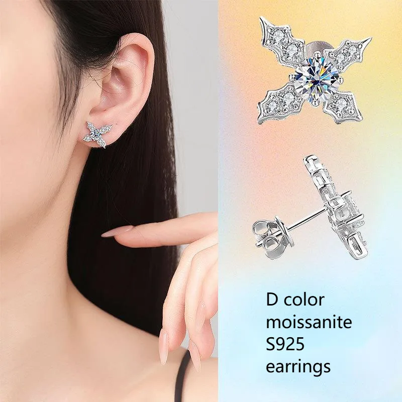 

BIJOX STORY S925 Sterling Silver Cross Moissanite Stud Earrings Colorful Full Lab-created Diamond Jewelry for Women Daily Wear