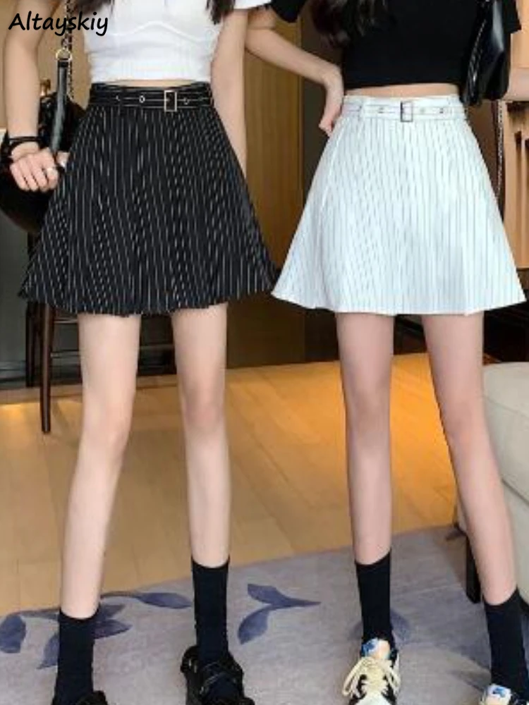 

Skirts Women Classic Kawaii Striped All-match Streetwear Preppy Style Simple Attractive Holiday A-line Design Trendy Belt Daily