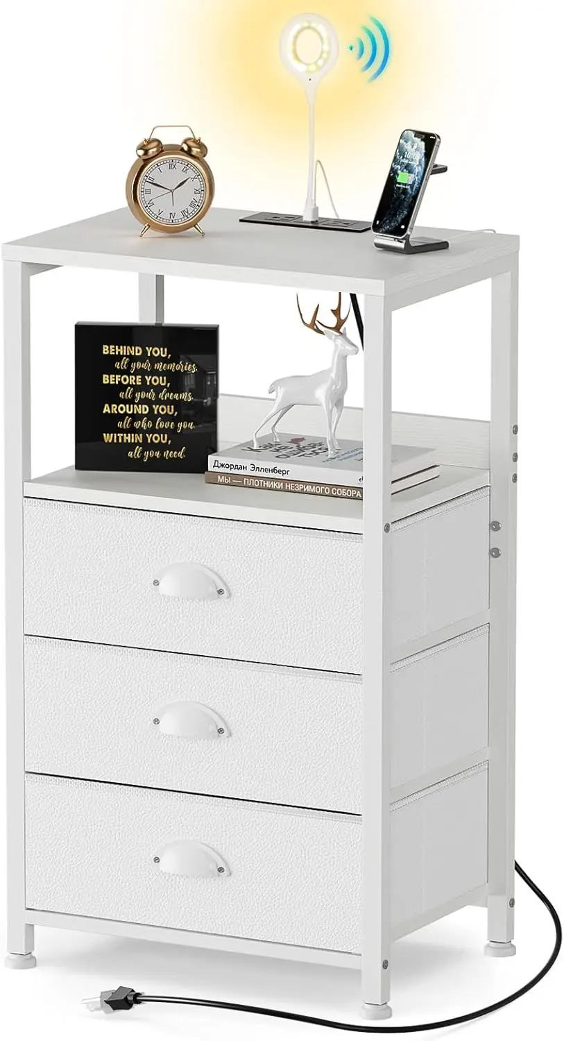 

Белая тумбочка с зарядной станцией и светодиодной подсветкой для голосового управления, прикроватная тумбочка длиной 28,3 дюйма с 3 тканевыми ящиками, боковая часть торцевого столика