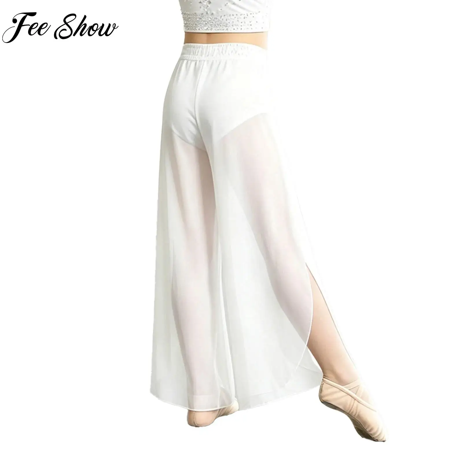 Kids Girls Lyrical Dance Performance Costume for Figure Skating Ballet Sheer Mesh Pants Rhinestones Waistband Side Split Pants