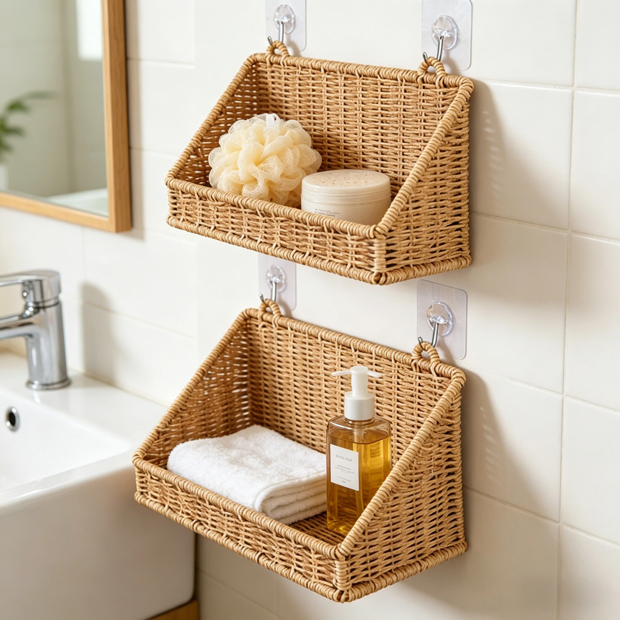Woven Imitation Rattan Wall Mounted Storage Basket Slanted Shelf Organizer for Kitchen Living Room Bathroom Bedroom Balcony view 4