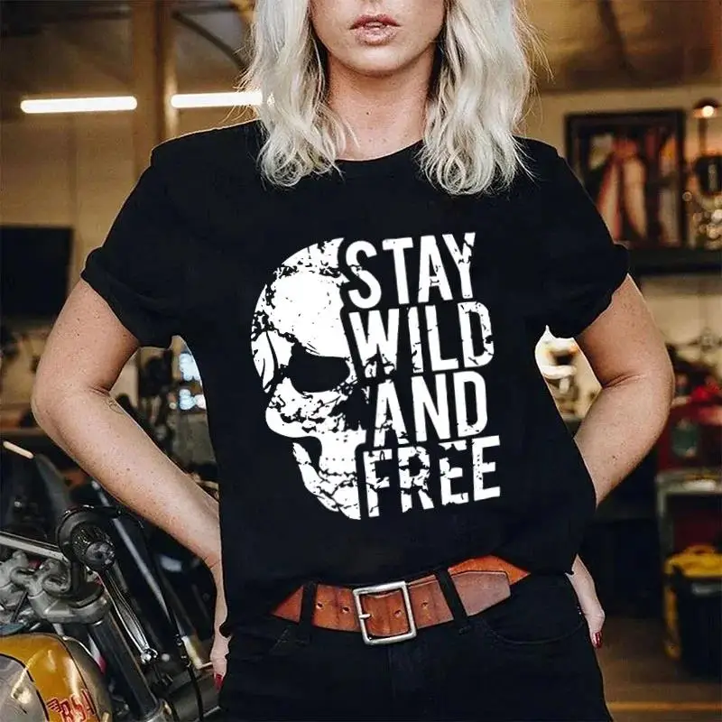 

Women's "Stay Wild And Free" T-Shirt | Grunge Skull Graphic Tee | Biker Rocker Gothic Halloween Gift Top