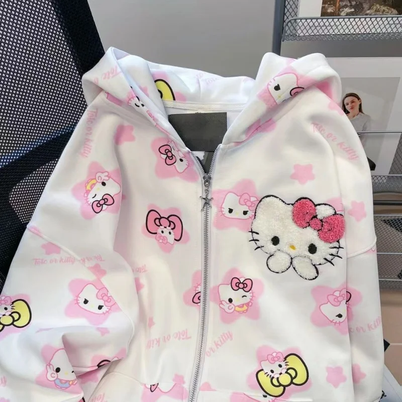 Anime Sanrio Hello Kitty Hooded Cardigan Jacket Kawaii Girl Autumn Vintage Coat Comfortable Cute Cartoon Women Hoodbirthday Gift