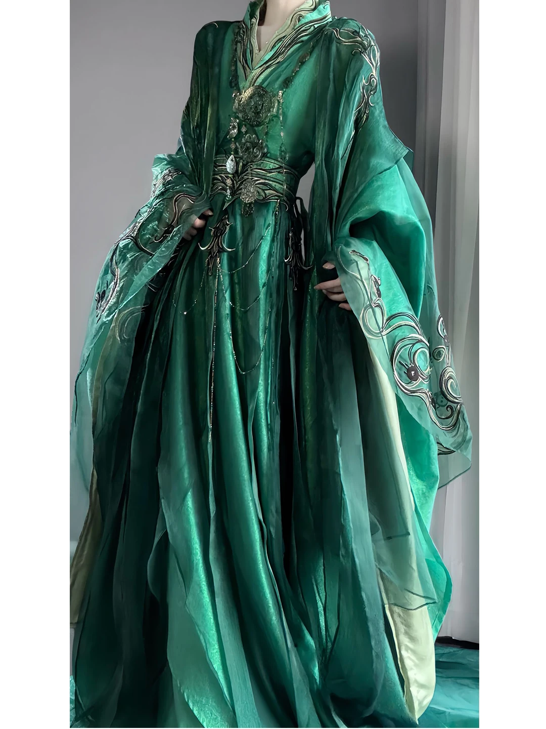 Renovated Warring States Robe in Green Color System Large Sleeve Women's Style Hanfu Super Fairy Atmosphere Ancient Costume