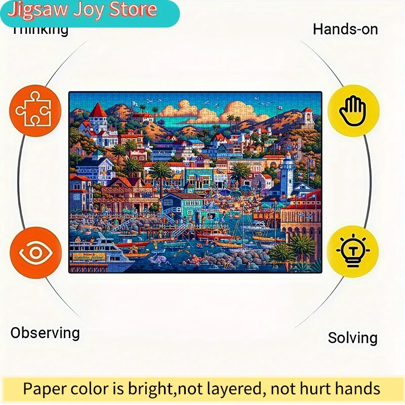 A  Paper Puzzle Featuring a Scenic View of a California Seaside Town, Including Elements Like Coastal Buildings, a Pier, Yacht