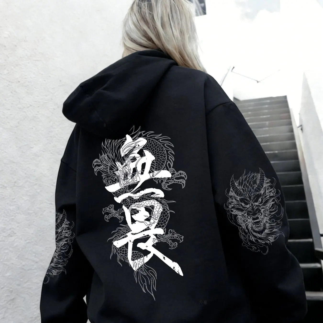 Chinese Calligraphy Dragon Pattern Full Printed Sweater for Women's New China-Chic Y2K High Street Loose Casual Hoodie