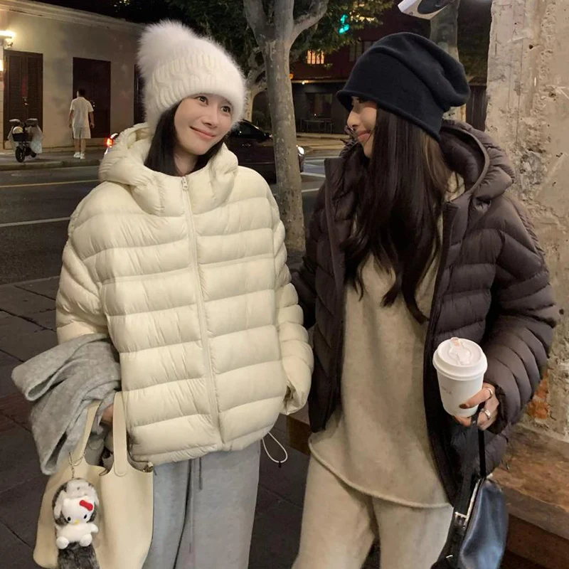 Lightweight Solid Color Down Cotton Parkas Women Korean Zipper Up Hooded Crop Parkas Woman Casual Thicken Warm Cotton Jackets