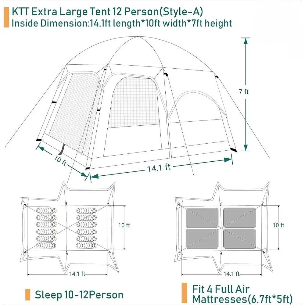 Extra Large Tent 10-12 Person(A),Family Cabin Tents,2 Rooms,3 Doors and 3 Windows with Mesh Straight Wall Waterproof, Large Tent