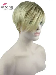 Short Straight Blonde Highlighted Side Swept Bangs Synthetic Wig