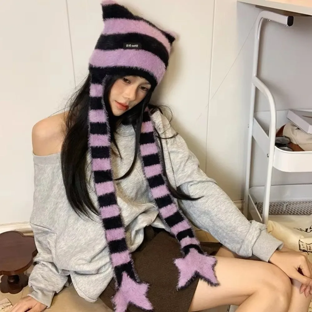 Y2K Style Black White Striped Knitted Hat Gradient Winter Warm Star Pattern Hat Soft Narrow Scarf for Girls
