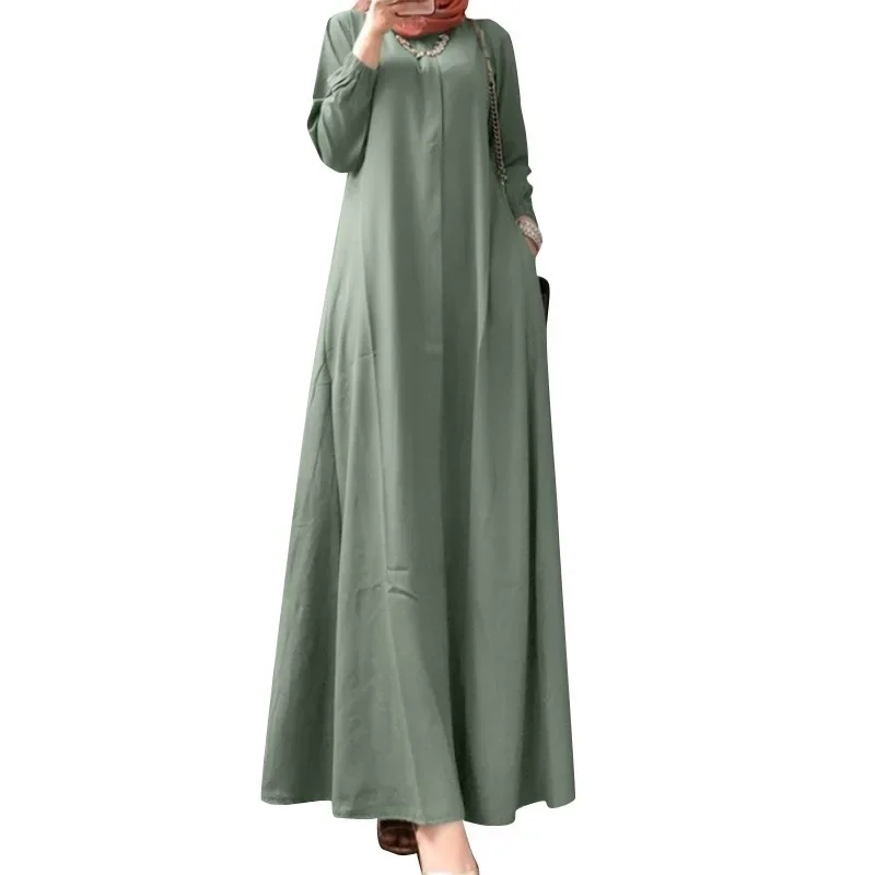 Fashion Loose Spring Summer Female Solid Full Sleeve O-neck Casual Dress Women Bohemian Long Dress Woman Muslim Maxi Dresses