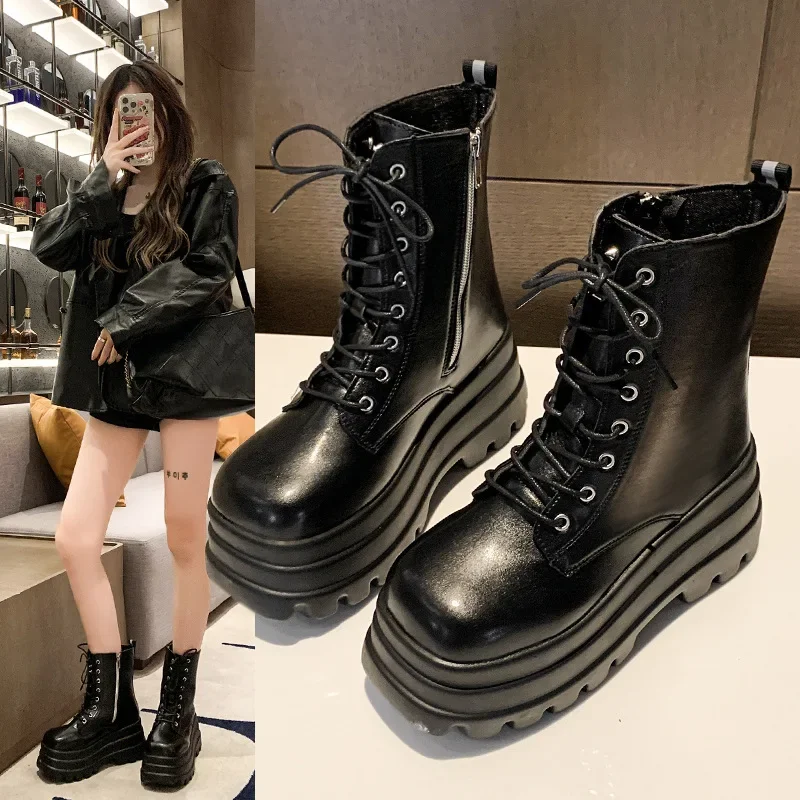 Plus Size Martin Women's Boots 2024 New Style Petite Cake Thick Sole High Heel Motorcycle Slimming Boots Winter Season Rubber Le