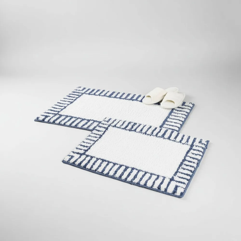

Fluffy Non-Slip Bath Rug Set, Machine Washable Shag Mats for Bathroom & Kitchen Decor, 2-Piece White/Navy Blue