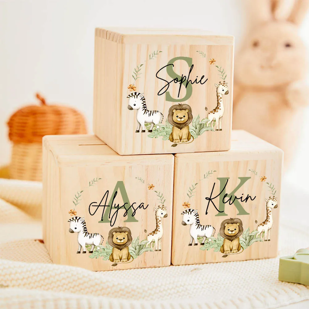 Personalized Money Box Initial with Name Kids Money Boxes Safari Animal Coin Collection Case Wooden Coin Bank Child Shower Gift