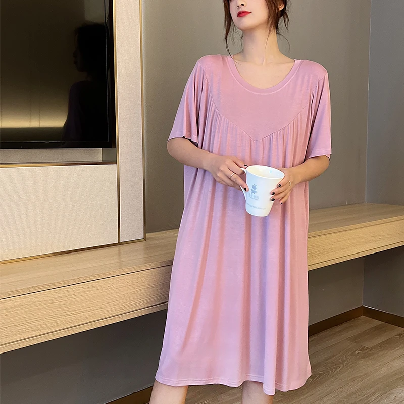 Thin Soft Modal Nightdress New Summer Women Nightgown Sleepwear Short Sleeve Long Home Dress Loungewear Loose Nightwear Bathrobe