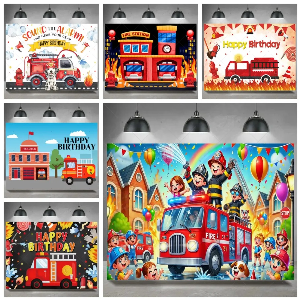 

Red Fire Truck Themed Birthday Themed Photography Backdrop Cloth, Fire Truck Children's Birthday Decoration Photography Backdrop