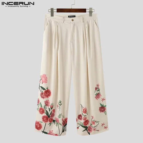 Imagen 2 del producto INCERUN-pantalones de pierna ancha para hombre, ropa informal holgada con botones y estampado de flores, plisada, a la moda, 2024