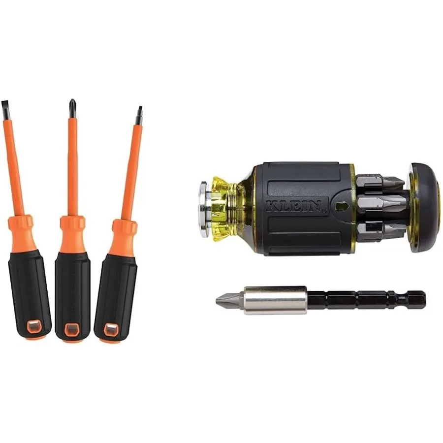 Klein Tools Insulated Screwdriver Set 3-Piece and Multi-Bit Stubby Screwdriver (8-in-1)