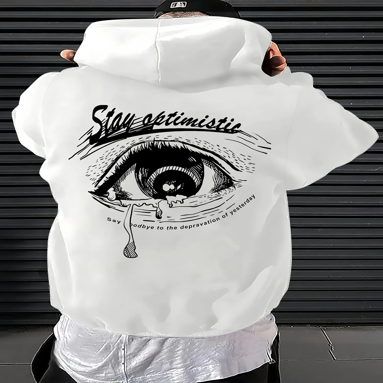 Men'S Casual French Terry Hoodie with Eye Print, Geometric Pattern, Non-Stretch Knit Fabric, Loose Fit with Pocket Detail, 100 Polyester, 250gsm - Autumn_Winter Essential loose fit hoodie, men cotton hoodie,