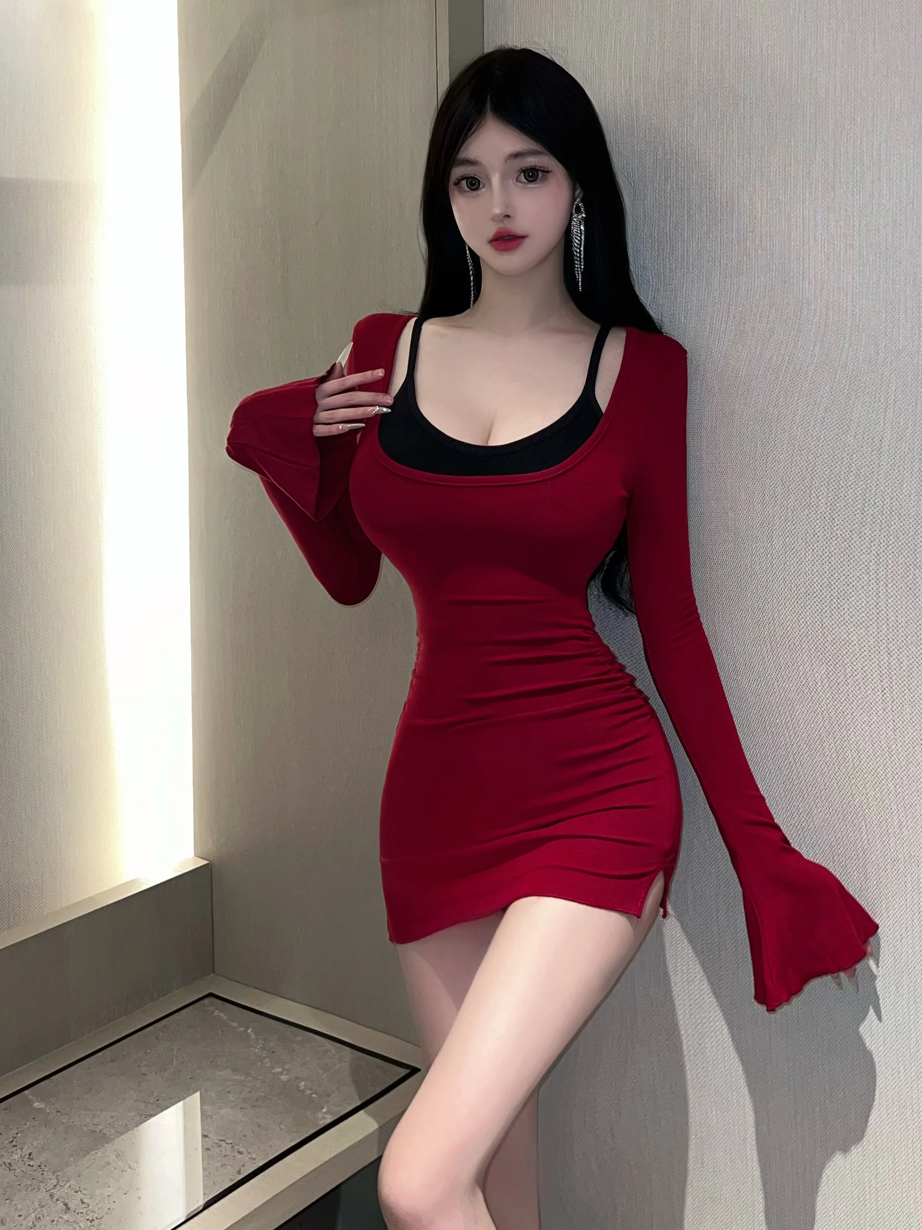 Sexy U-Neck Bell Sleeve Slim Fit Bodycon Dress Backless Two-Piece Set Pure Desire Style Tight Fitting Flared Sleeve Dress