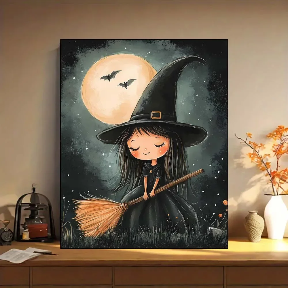 

Cute Little Witch With Broom Under Full Moon Cartoon Style Canvas Art Diy Paint By Numbers Set For Adults Beginners Framelessle