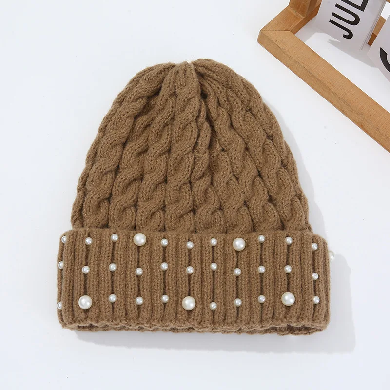 New Winter Product: Warm Women's Bead-Studded Round-Top Solid Color Versatile Winter Knit Hat
