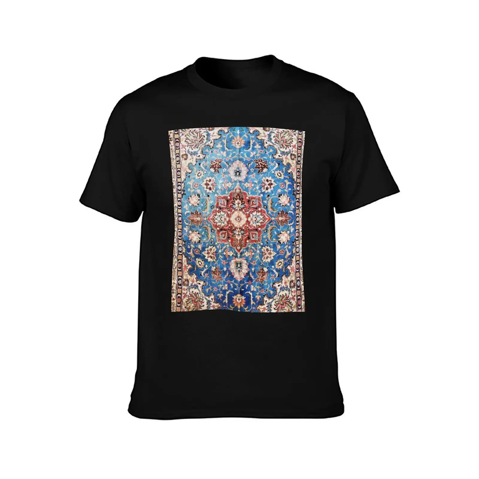 Tabriz Rug With Blue Field Print T-Shirt Christmas Casual Short Sleeve Top
