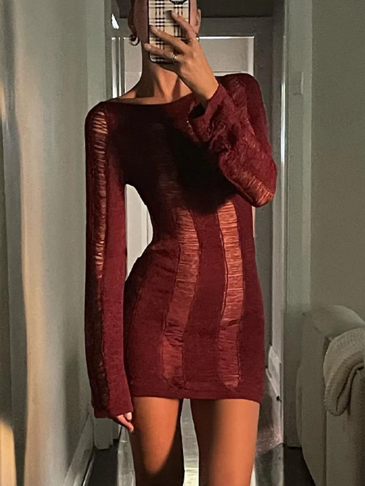 TARUXY Sexy Sheer Knitted Dress Women Bodycon Long Sleeve Hollow Out Mini Dresses Femme Club Sexy Backless Knitwear Dress Womens