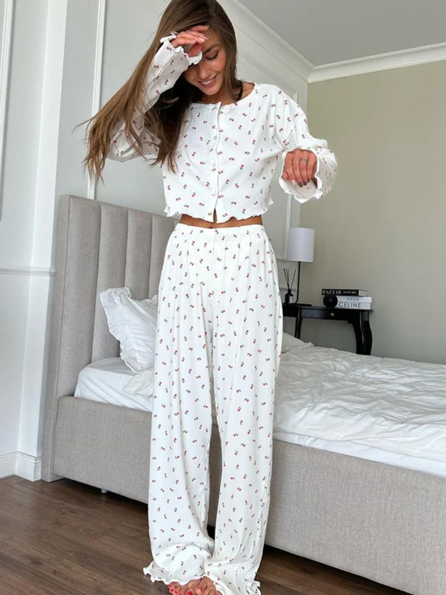 Mozuleva Knitted Flower Print Short Sleeved Long Pants 2-Piece Set Loose Breathable Cardigan Pajama Autumn New Women\'s Home Wear