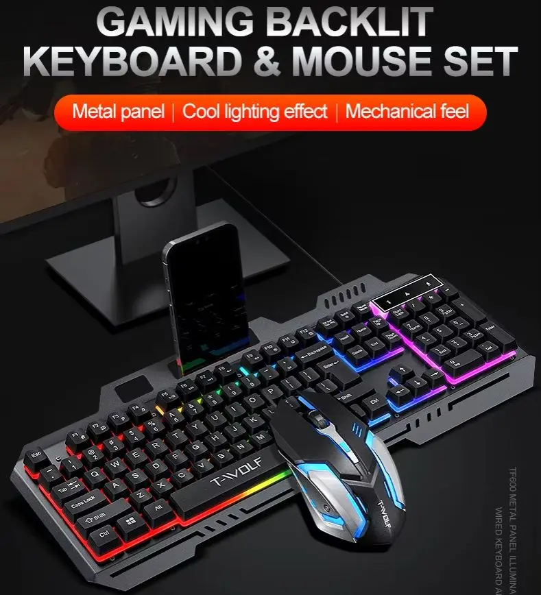 RGB Backlit Mechanical Feel Gaming Wired Keyboard and Mouse Combo Ergonomic Metal Panel Gamer Keyboard Set For PC Computer