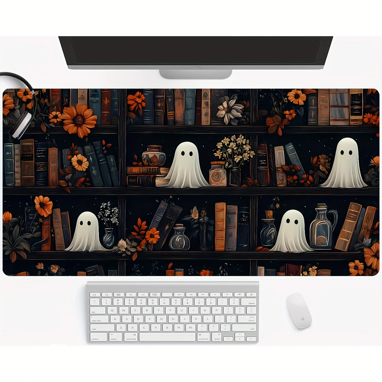 Cute Ghost Library Bookshelf Desk Mat Large Anti-Slip Rubber Mouse Pad for Office and Home